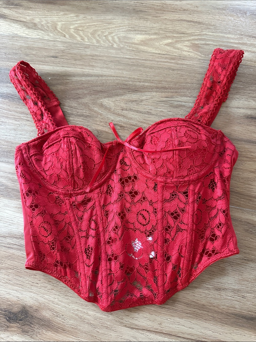 Garage Red Lace Bustier with Underwire and Bow Detail